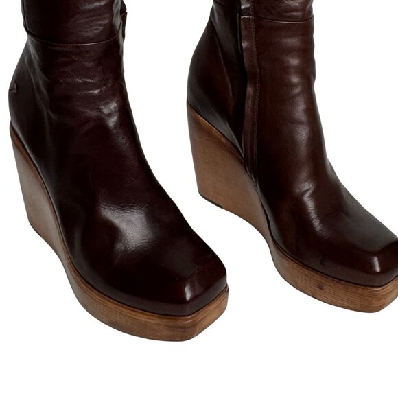 COSTUME NATIONALE UNIQUE VNT LEATHER/WOOD WEDGE BROWN BOOTS FALL Y2K EU36 - Picture 4 of 15